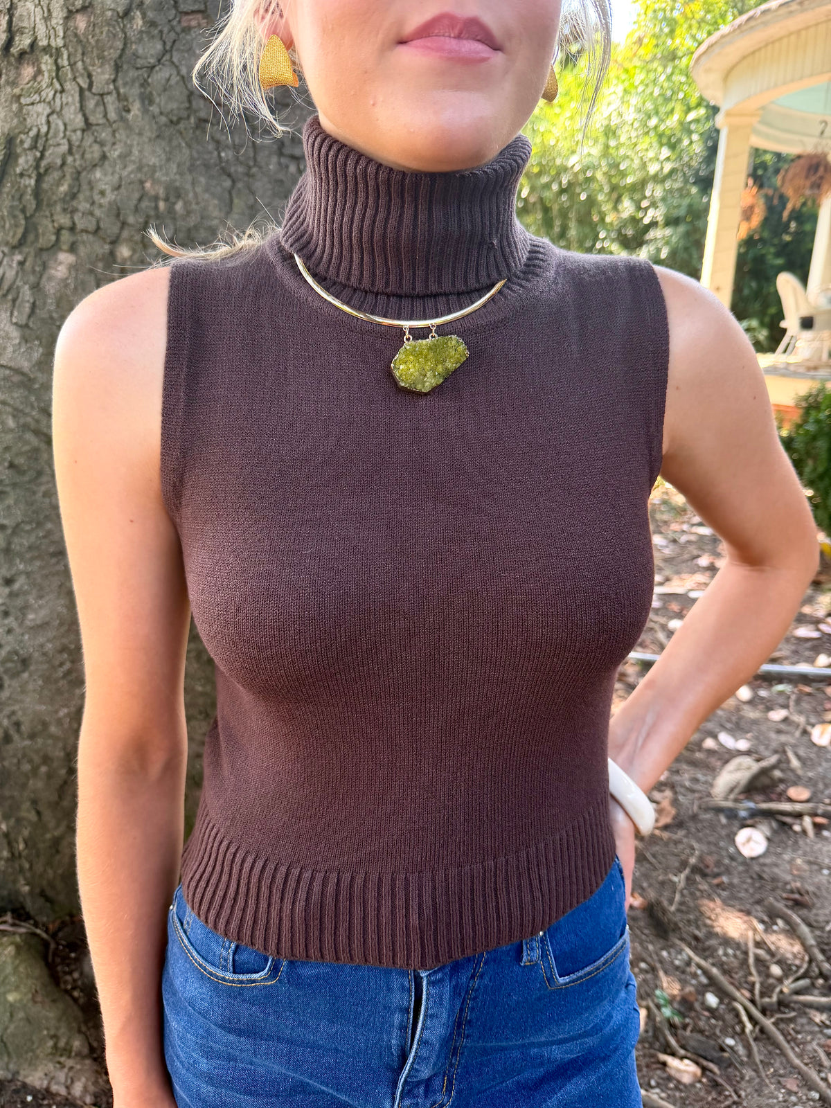 Darcy Sleeveless Turtleneck Sweater-Brown