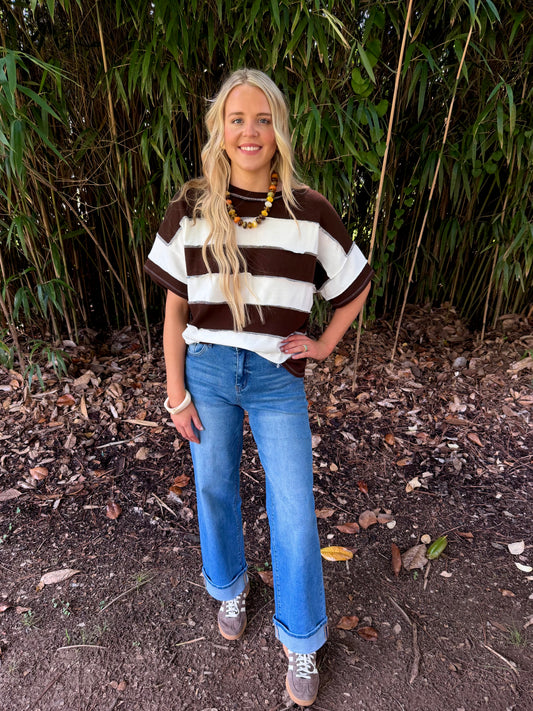 Molly French Terry Striped Top-Chocolate