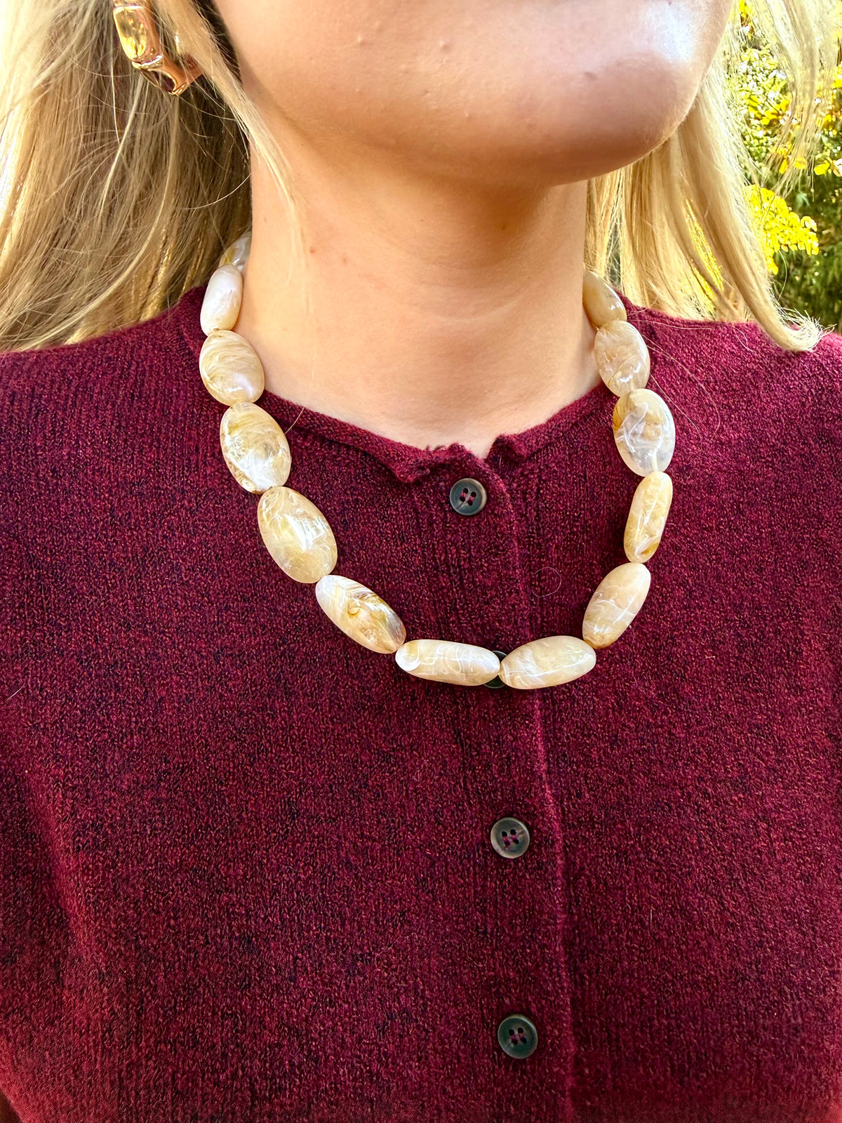 Oval Bone Color Beaded Necklace